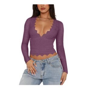 V-Neck Double Lined Slim Fitted Lace Y2K Crop Top, MEDIUM, 1J-165T005